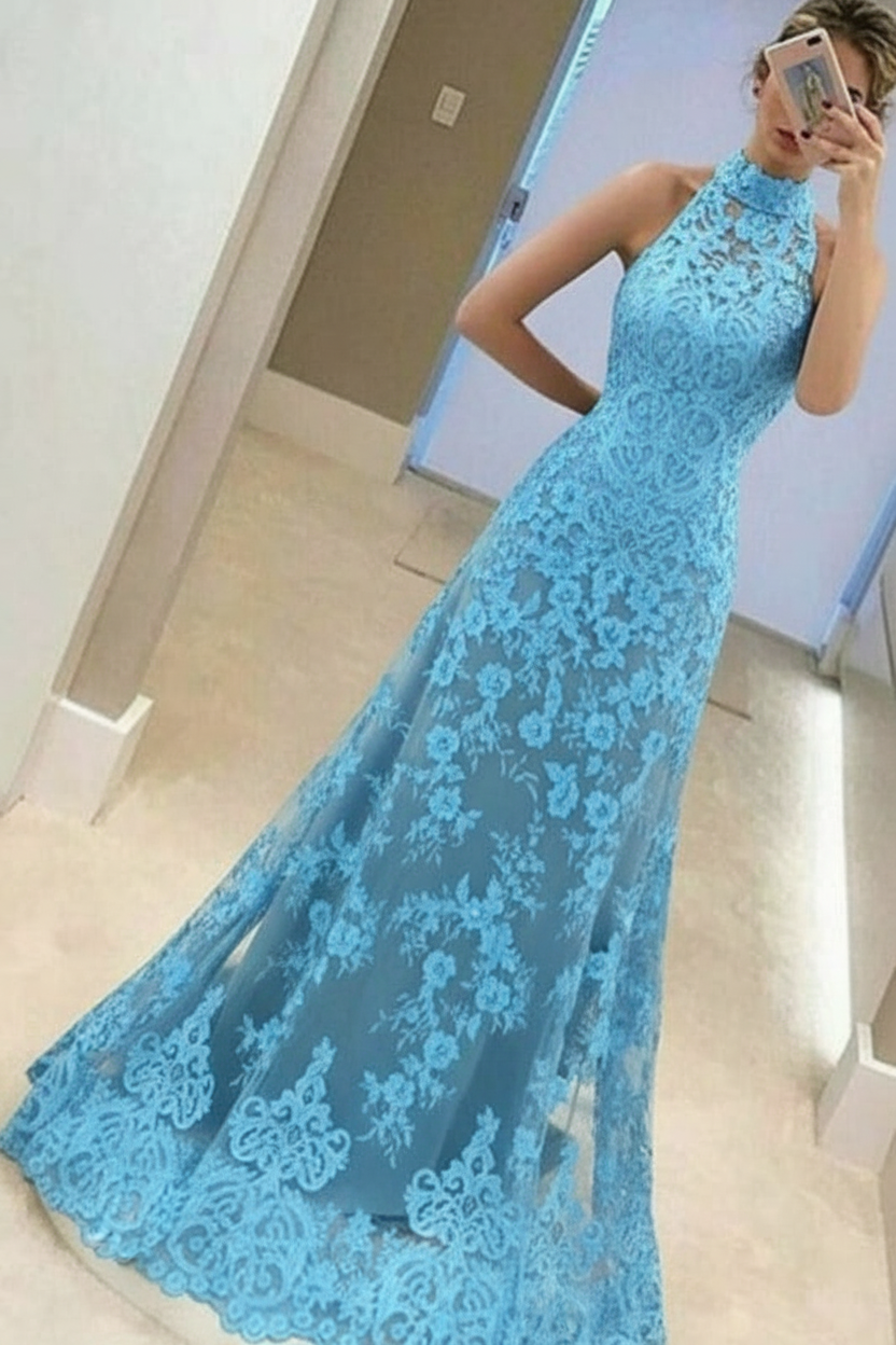 A-Line High Neck Sleeveless Floor-Length Red Lace Prom Dress