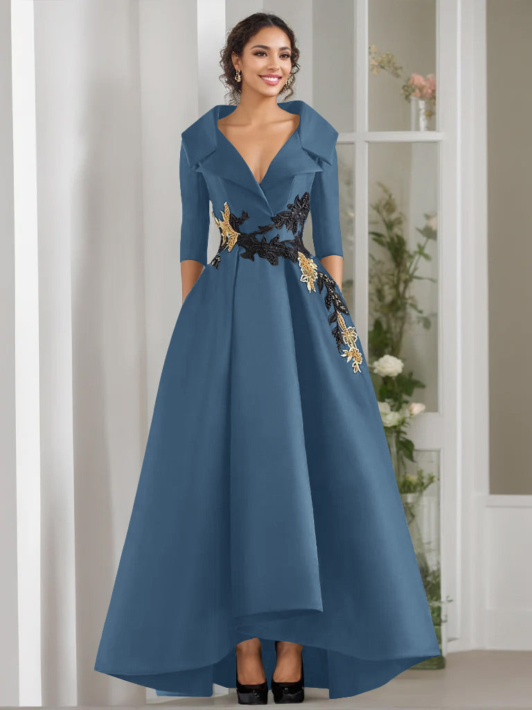 3/4 Sleeves Beading V-Neck A-Line Princess Mother of the Bride Dress with Appliques