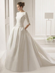 3/4 Length Sleeves Bateau Wedding Dresses A-Line Chapel Train Bows Satin Bridal Dresses White