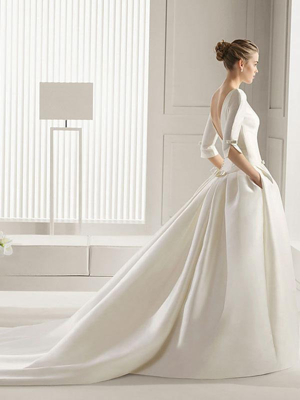 3/4 Length Sleeves Bateau Wedding Dresses A-Line Chapel Train Bows Satin Bridal Dresses White