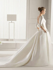 3/4 Length Sleeves Bateau Wedding Dresses A-Line Chapel Train Bows Satin Bridal Dresses White