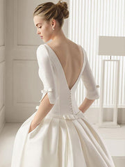3/4 Length Sleeves Bateau Wedding Dresses A-Line Chapel Train Bows Satin Bridal Dresses White
