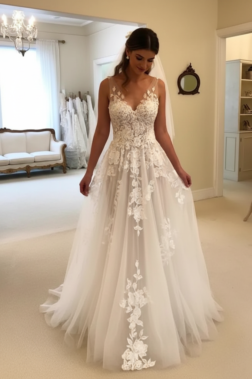 A Line V Neck Lace Appliques White Wedding Dress Sleeveless