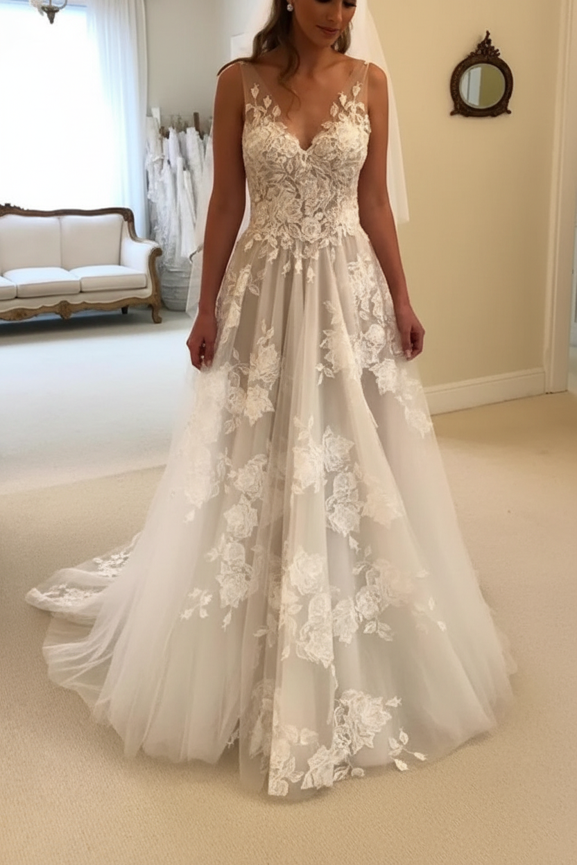 A Line V Neck Lace Appliques White Wedding Dress Sleeveless
