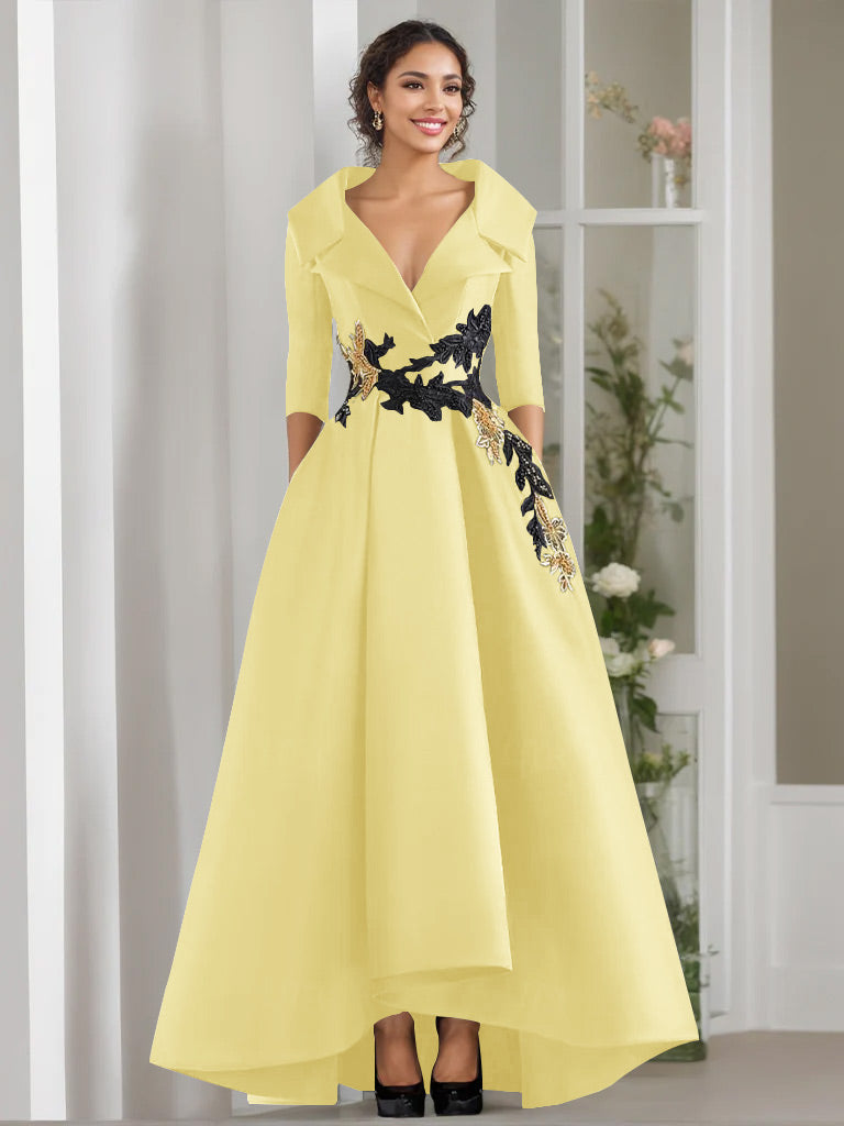 3/4 Sleeves Beading V-Neck A-Line Princess Mother of the Bride Dress with Appliques